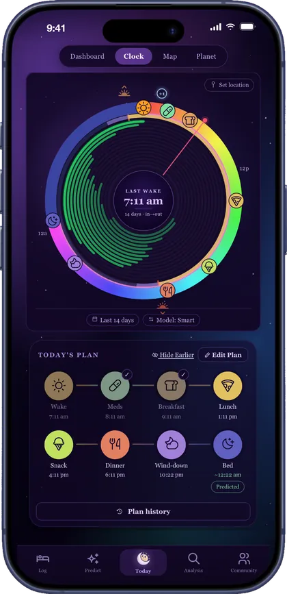 Circadia's Clock: a dial of the last 14 days of sleep in rings around the last wake at 7:11 am, and today's plan below it, with meds, meals, wind-down and bed placed from that wake.