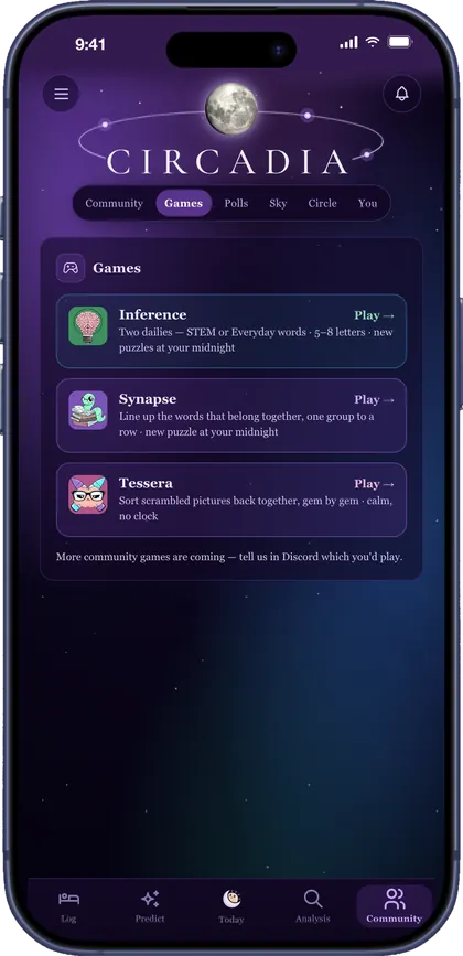 Circadia's Games: Inference, Synapse and Tessera, each with a new puzzle at your midnight.